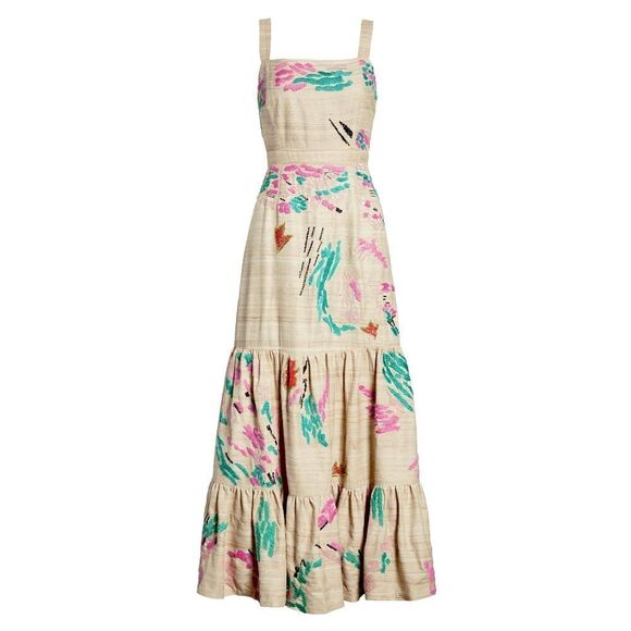 New! TRACY REESE Women's Retro 80's Style Embroidered Tiered Hem 100% Silk Dress - Picture 6 of 7